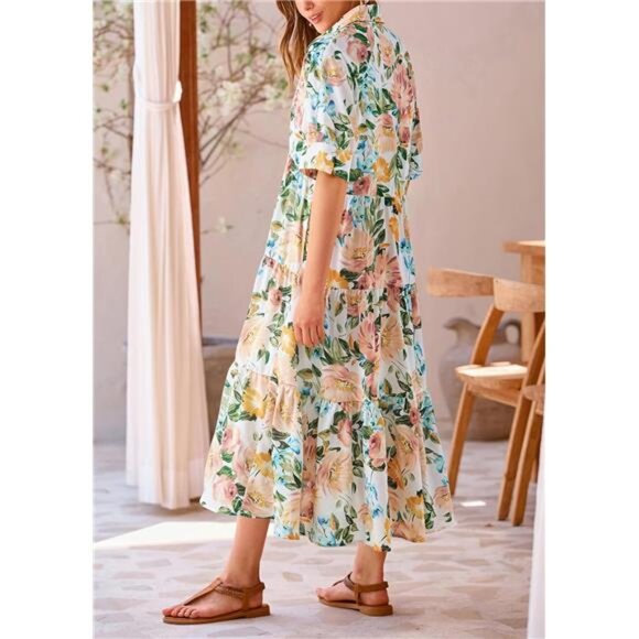 PRETTYGARDEN Women's Summer Beach Maxi Dress Short Sleeve Buttons Tiered Ruffle - Picture 2 of 16